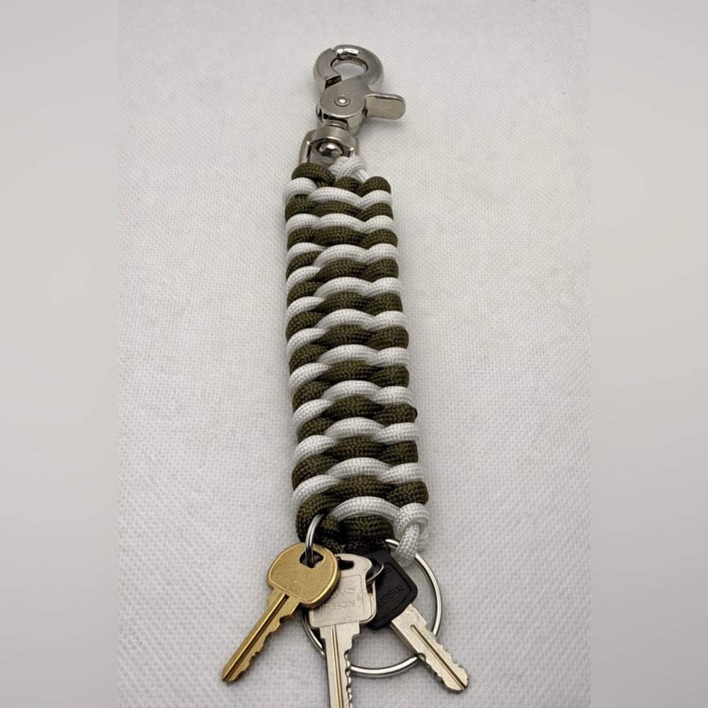 Handmade White, Green, and Silver Paracord Keychain with Trigger Snap clip